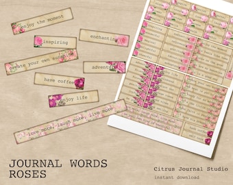 Journal Words, Rosen Junk Journal, Junk Journal Kit, Floral Journal Words, Rosa Rosen, Printable Words, Junk Journal Digital Kit, Ephemera