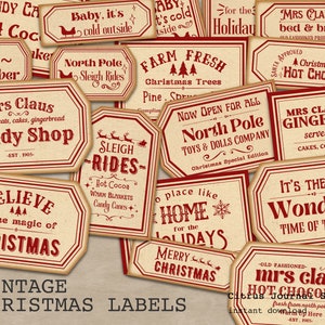 Christmas Labels, Christmas Ephemera, Vintage Christmas, Journal Words, Junk Journal, Christmas Tag, Vintage Label, Holiday Label, Signs
