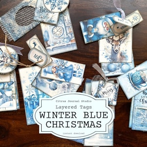 Étiquettes de Noël, étiquettes superposées, Noël bleu hiver, kit de journal indésirable, étiquettes de vacances, étiquettes chargées, éphémères de Noël, étiquettes de Noël vintage