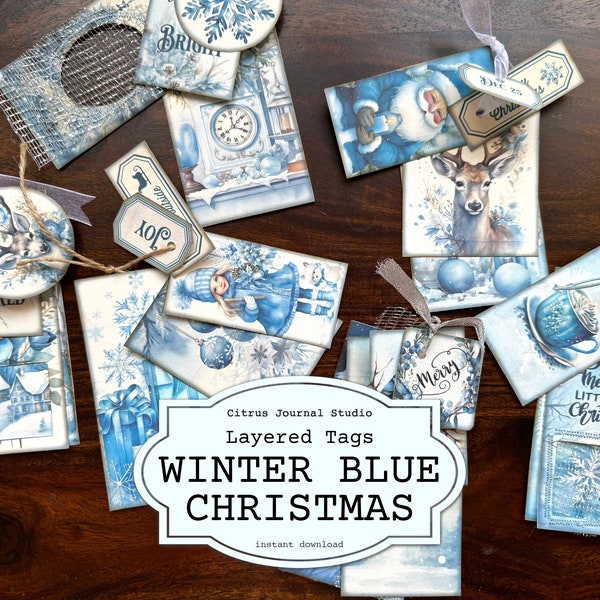 Christmas Tags, Layered Tags, Winter Blue Christmas, Junk Journal Kit, Holiday Tags, Loaded Tags, Christmas Ephemera, Vintage Christmas Tags