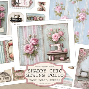 Cartella da cucito Shabby Chic, Kit per diario di cucito, Cartella pieghevole, Etichette per macchine da cucire vintage, Rose vintage effimere, Cartella da diario rosa