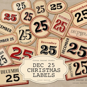 Kerstnummer, decemberlabels, 25 december, vintage labels, vintage kerst, vakantielabels, ongewenste dagboeklabels, vintage nummerlabel