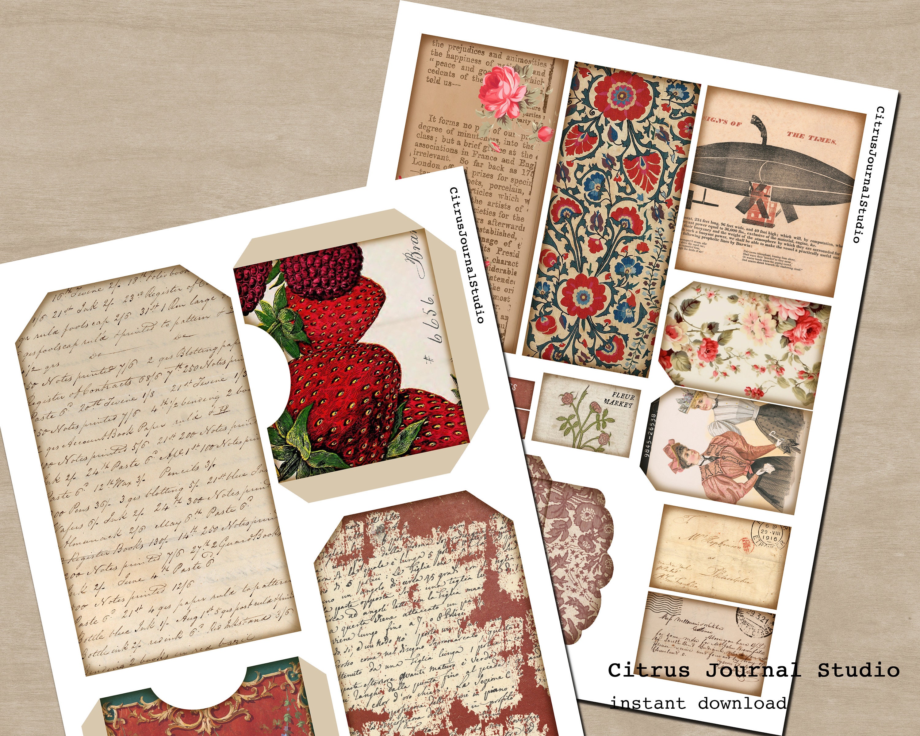 Pocket Tags, Junk Journal Kit, Printable Ephemera, Red Floral Tags ...