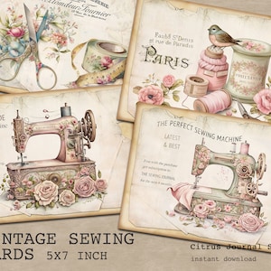 Vintage Sewing, Floral Cards, Sewing Machine, Journal Card, Junk Journal Kit, Ephemera, ATC, Journal Insert, Seamstress ATC, Junk Journaling