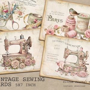 Vintage Nähen, Blumenkarten, Nähmaschine, Journalkarte, Junk Journal Kit, Ephemera, ATC, Journaleinsatz, Näherin ATC, Junk Journaling
