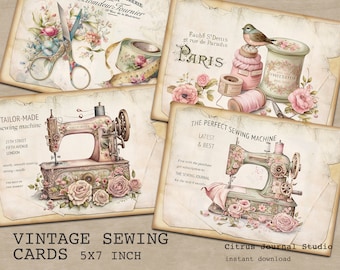 Costura vintage, tarjetas florales, máquina de coser, tarjeta de diario, kit de diario basura, efímeras, ATC, inserto de diario, ATC de costurera, diario basura