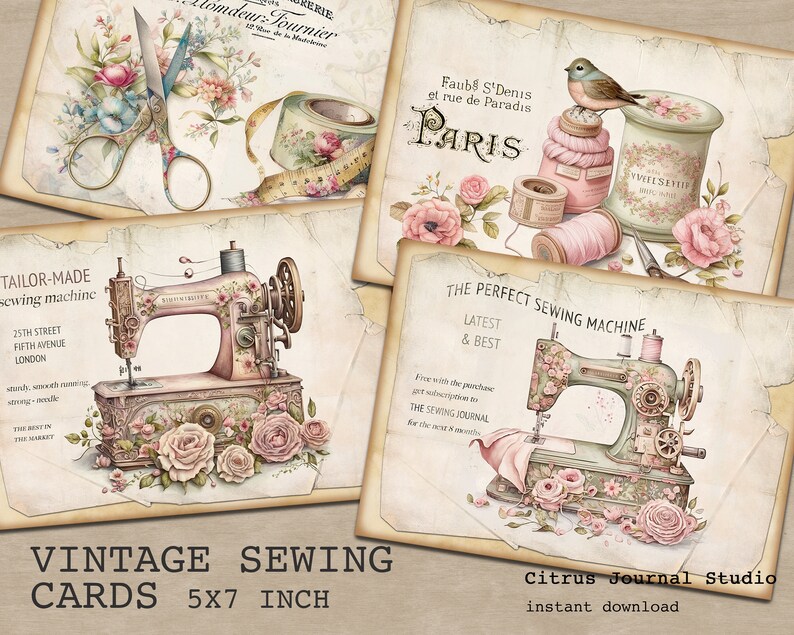 Puede incluir: Cuatro tarjetas de estilo vintage con ilustraciones de m&aacute;quinas de coser, carretes de hilo, tijeras y rosas. Las tarjetas miden 5x7 pulgadas y tienen un aspecto desgastado y antiguo. El texto en las tarjetas incluye "Tailor-Made Sewing Machine", "The Perfect Sewing Machine", "Faub S'Denis et rue de Paradis Paris", y "Vintage Sewing Cards 5x7 Inch".
