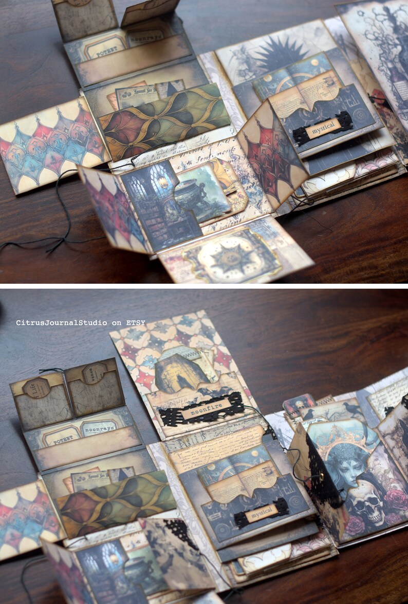 May include: A multi-layered paper craft book with a dark, gothic theme. The book is decorated with various textures, patterns, and images, including a skull, a moon, and a witch. The book is open to reveal several pockets and compartments, each with a different design and label. The labels include "Potent", "Moonray", "Moonfire", and "Mystical".