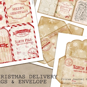 Sobre de Navidad, Kit de diario basura, Efímera navideña, Navidad vintage, Polo Norte, De Santa, Etiquetas de Navidad, Etiqueta de Navidad, Efímera