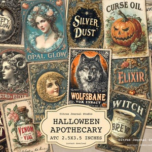 May include: A collection of vintage-style Halloween apothecary cards. The cards feature illustrations of a wolf, a jack-o'-lantern, and a woman. The cards are labeled with phrases like "Silver Dust" and "Venom Vial". The text "Halloween Apothecary" is also visible.