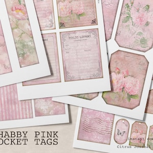 Junk Journal Kit, Rose Journal, Ephemera, Shabby Chic, Shabby Rose, Tags de diário, Tag de bolso, Cartão de biblioteca, Vintage, Álbum de recortes, Shabby Rose