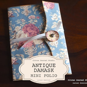 Junk Journal Folio, Viktorian Journal, Damast, Faltblatt, Taschen Tags, Floral Journal Tags, Vintage Ephemera, Digital Kit, Vintage Folio