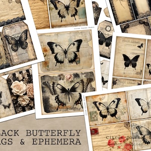 Neutrale Ephemera, Junk Journal Kit, Black Butterfly, Ephemera, Junk Journaling, Digital Kit, Vintage Ephemera, Digital Ephemera, Rose Tags