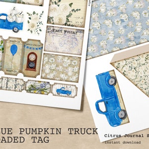 Étiquettes chargées de citrouille, journalisation indésirable, camion de citrouille bleu, billets d’automne, éphémères, étiquettes de citrouille, étiquettes de poche, étiquettes chargées, récolte d’automne