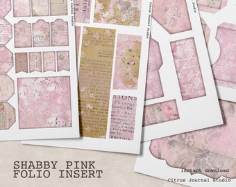 Shabby Pink, Junk Journal Kit, Trifold, Folio, Journal Insert, Collage Sheet, Pocket Tag, Journal Tag, Shabby Rose, Ephemera, Embellishments