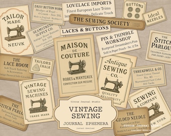 Vintage Sewing Ephemera Printable – Sewing Machine Labels & Seamstress Ephemera, Junk Journal Inserts, Antique Sewing Labels Download