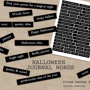 Halloween Journal Words, Junk Journal Words, Halloween Quotes, Spooky Quotes, Old Halloween Signs, Vintage Halloween, Black Journal Quotes