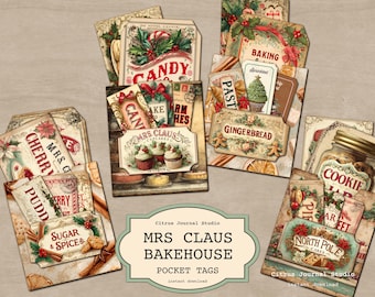 May include: A collection of vintage-style pocket tags with a Christmas baking theme. The tags feature illustrations of cupcakes, gingerbread men, candy canes, and other holiday treats. The color palette includes red, green, and cream tones, with text that reads "Mrs. Claus Bakehouse".