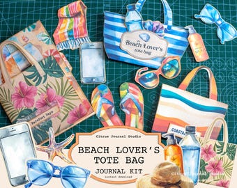 Puede incluir: Un kit de diario digital imprimible con temática de playa. El kit incluye una bolsa de mano, chanclas, gafas de sol, una estrella de mar, un teléfono, una botella de protector solar y una botella de loción. El kit también incluye una página de título con el texto "Beach Lover's Tote Bag Journal Kit".