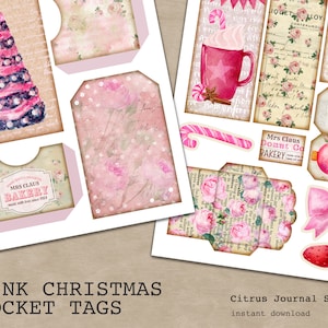 Étiquette de poche de Noël rose, étiquettes chargées de Noël, shabby chic, kit de journal indésirable, éphémères imprimables, étiquette de journal, arbre de Noël en kit numérique