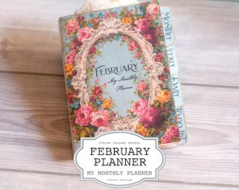 2026 Monthly Planner Kit, February Junk Journal Book, Shabby Chic Floral Ephemera