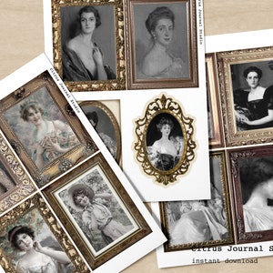 Puede incluir: Un conjunto de diez tarjetas de diario imprimibles de estilo vintage con mujeres en varias poses. Las tarjetas est&aacute;n en un marco dorado con fondo blanco y el texto "Citrus Journal Studio" y "descarga instant&aacute;nea".