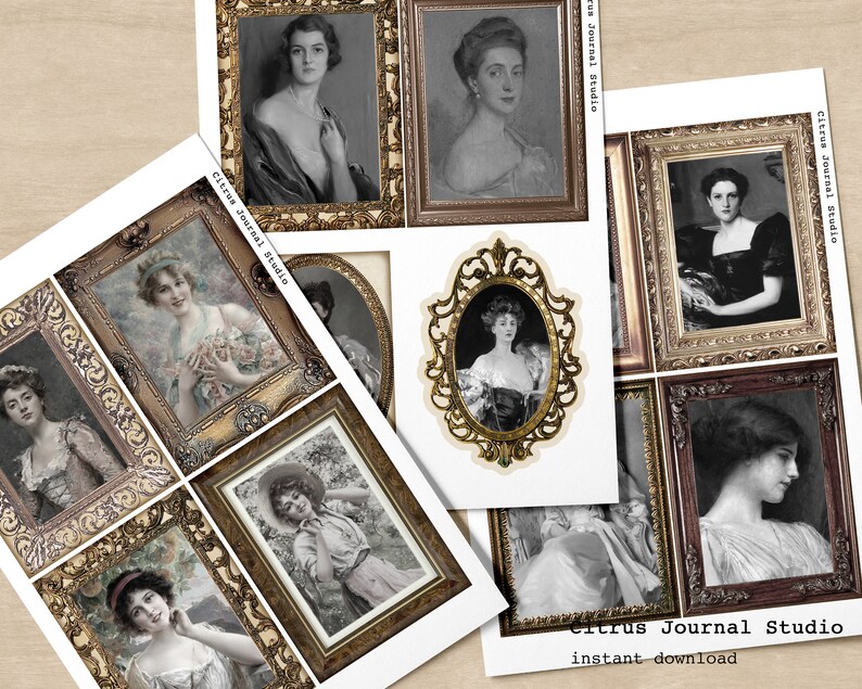 Puede incluir: Un conjunto de diez tarjetas de diario imprimibles de estilo vintage con mujeres en varias poses. Las tarjetas est&aacute;n en un marco dorado con fondo blanco y el texto "Citrus Journal Studio" y "descarga instant&aacute;nea".