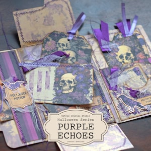 Ecos roxos, fólio de Halloween, diário indesejado, fólio dobrável, coisas efêmeras roxas, etiquetas de diário, bruxa, kit digital, caveira, esqueleto, etiquetas carregadas