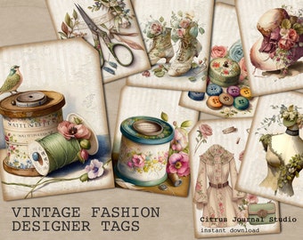 Moda vintage, etiquetas florales, efímeras de costura, diario basura, efímeras, ilustración de moda, costurera, diario basura, etiquetas para diario basura
