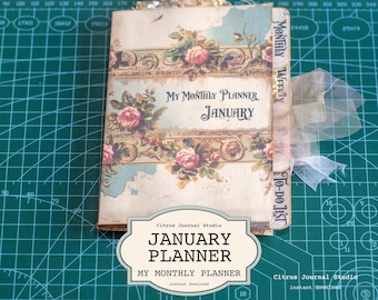 2026 Monthly Planner Kit, January Junk Journal Book, Vintage Floral Ephemera