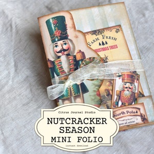 Fólio de quebra-nozes, mini fólio de Natal, Natal vintage, fólio dobrável, temporada de quebra-nozes, etiquetas de Papai Noel, diário de lixo de Natal, Pólo Norte