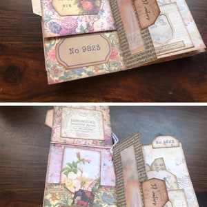 May include: A vintage-style scrapbook with floral patterns and a brown label that reads "No 9823". The scrapbook has a translucent window with a floral design and a tag that reads "37 meters".