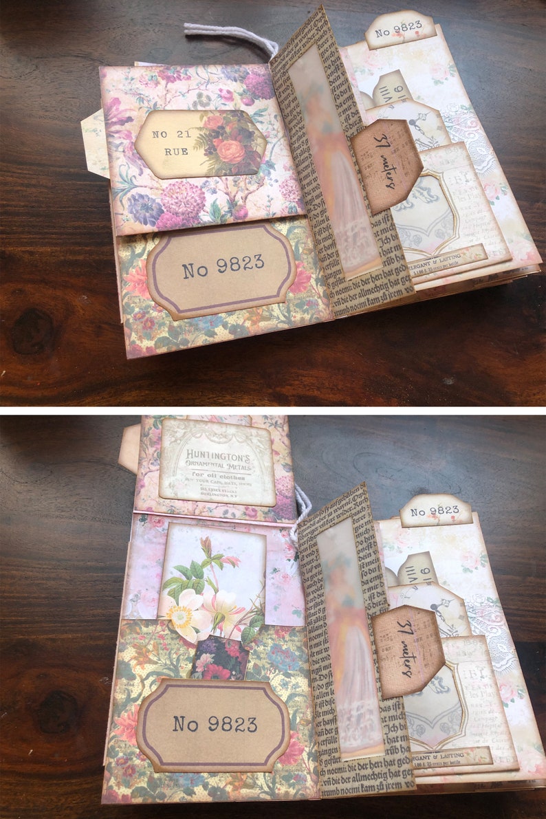 May include: A vintage-style scrapbook with floral patterns and a brown label that reads "No 9823". The scrapbook has a translucent window with a floral design and a tag that reads "37 meters".
