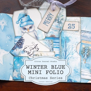 Christmas Folio, Winter Blue Folio, Shabby Chic, Junk Journal Kit, Folding Folio, Winter Tags, Christmas Ephemera, Christmas Journal tags