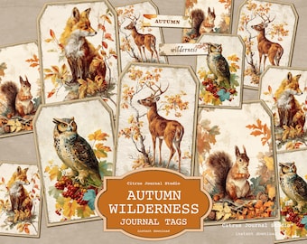 Vintage Autumn Tags, Fall Forest Printable Ephemera, Deer, Squirrel, Owl Fox Animal Tags, Rustic Junk Journal, Cottagecore Woodland Ephemera
