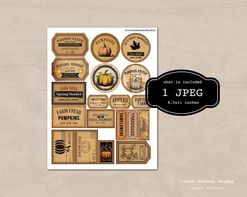 Pumpkin Labels, Autumn Ephemera Tags, Vintage Fall Market Labels, Junk ...