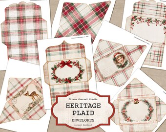 Christmas Plaid Envelopes, Vintage Holiday Tartan Junk Journal Insert