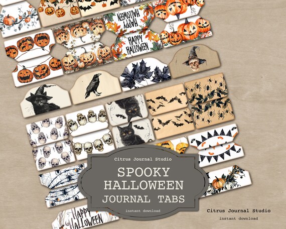 Halloween Junk Journal Tabs, Spooky Journal Tabs, Vintage Halloween,Jack O Lantern, Printable Journal Tabs, Skull Tabs, Raven Tabs, Cats Tab