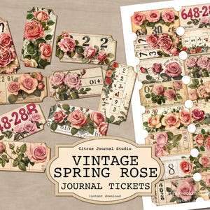 Bilety Vintage Rose, Bilety Spring Roses, Ephemera Vintage, Etykiety wiosenne, Bilety Floral Junk Journal, Bilety numeryczne, Ephemera cyfrowa