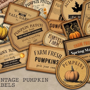 Étiquettes de citrouille, éphémères d'automne, citrouille vintage, marché d'automne, journal indésirable, étiquettes d'automne, étiquette vintage, étiquette de Thanksgiving, signe de ferme