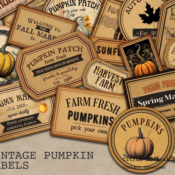 Pumpkin Labels, Autumn Ephemera, Vintage Pumpkin, Fall Market, Junk Journal, Autumn Tags, Vintage Label, Thanksgiving Label, Farmhouse Sign