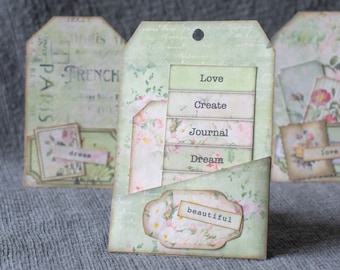 Junk Journal Kit, Rose Journal, Ephemera, Shabby Chic, Green Pink, Journal Tag, Pocket Tag, Collage Sheet Scrapbook, Envelope, Embellishment