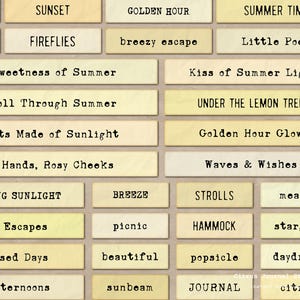 May include: A collection of rectangular labels with various summer-themed phrases in a typewriter font. Phrases include "Sunset," "Fireflies," "Summer Time," "Breezy Escapes," and "Lazy Afternoons." The labels have a light yellow background.