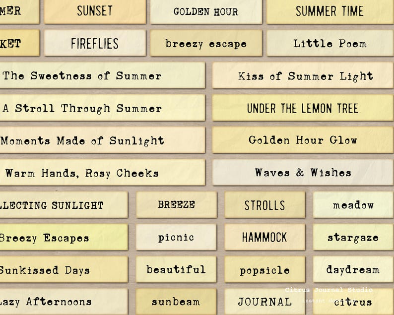 May include: A collection of rectangular labels with various summer-themed phrases in a typewriter font. Phrases include "Sunset," "Fireflies," "Summer Time," "Breezy Escapes," and "Lazy Afternoons." The labels have a light yellow background.