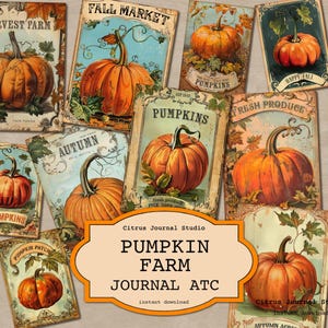 May include: A collection of vintage-style cards featuring illustrations of pumpkins. The cards have a rustic aesthetic with text such as "Harvest Farm," "Fall Market," and "Fresh Produce." The color palette includes orange, green, and brown tones, evoking an autumn theme.