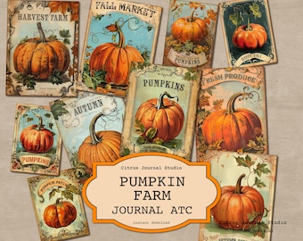 May include: A collection of vintage-style cards featuring illustrations of pumpkins. The cards have a rustic aesthetic with text such as "Harvest Farm," "Fall Market," and "Fresh Produce." The color palette includes orange, green, and brown tones, evoking an autumn theme.