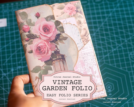 Vintage Folio, Junk Journal Kit, Vintage Garden, Vintage Roses Tags, Blush Roses Ephemera, Floral Folio, Shabby Chic Journal, Folding Folio