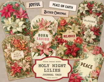 Holy Night Lilies Tags, Vintage Nativity Christmas Junk Journal Insert