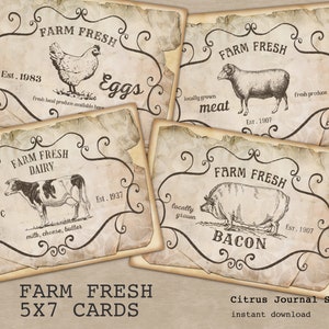 Animales de granja, Farm Fresh, Farm Fresh Eggs, Vintage Farm, Journal Card, Junk Journal Kit, Ephemera, Bacon, Cottage Farm, Digital Kit