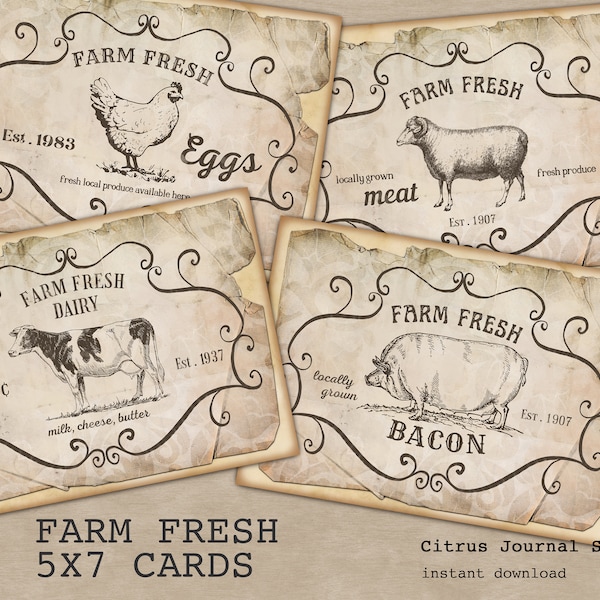 Farmhouse Animals, Farm Fresh, Farm Fresh Eggs, Vintage Farm, Journal Card, Junk Journal Kit, Ephemera, Bacon, Cottage Farm, Digital Kit